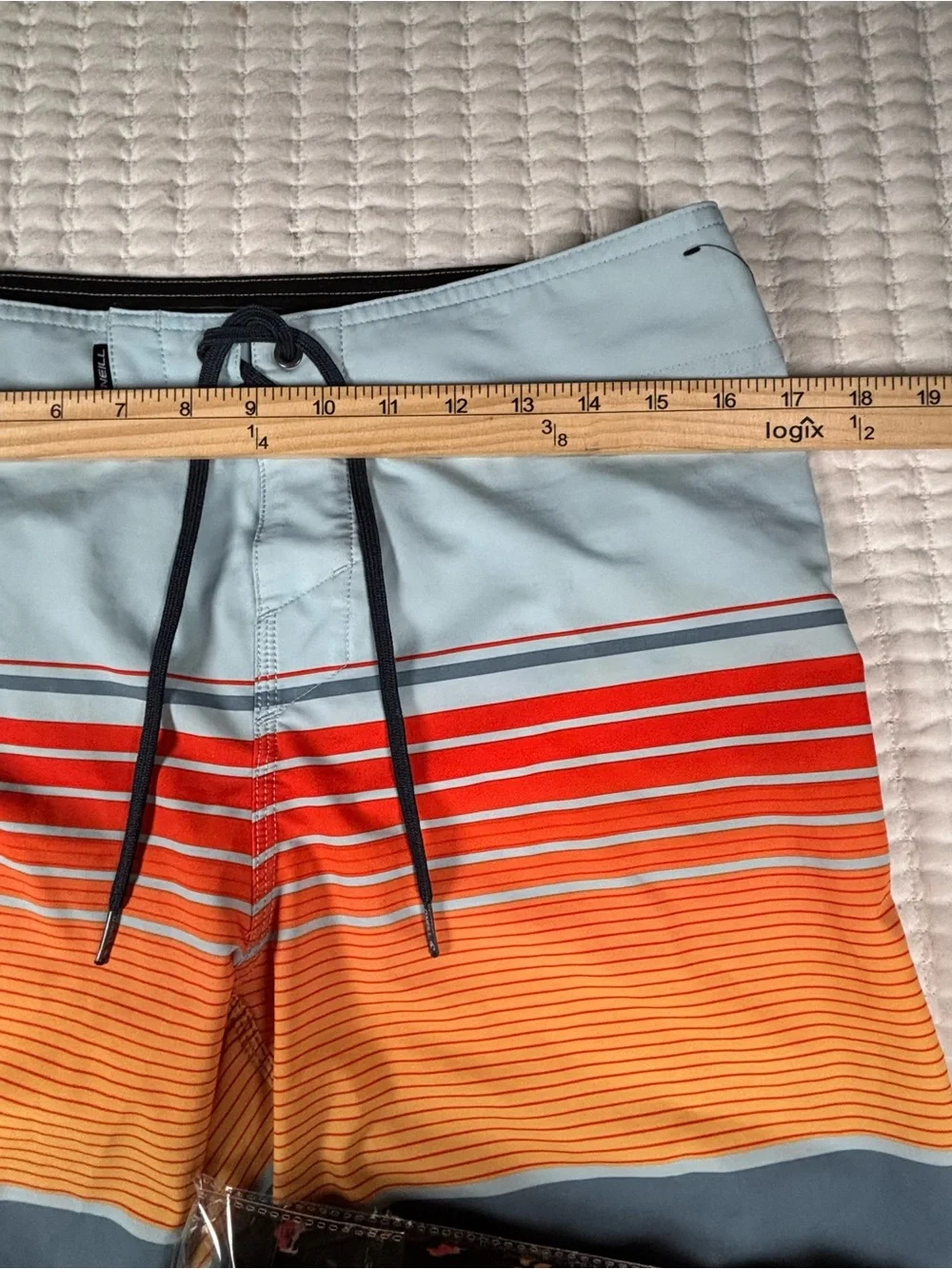 O’Neill Board Shorts Mens Size 30 Gray Orange Striped Surf Swim Trunks Stretch